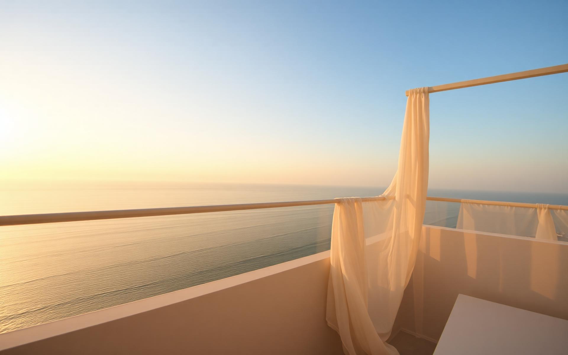 Soft linen curtains drifting over a calm ocean horizon at golden hour